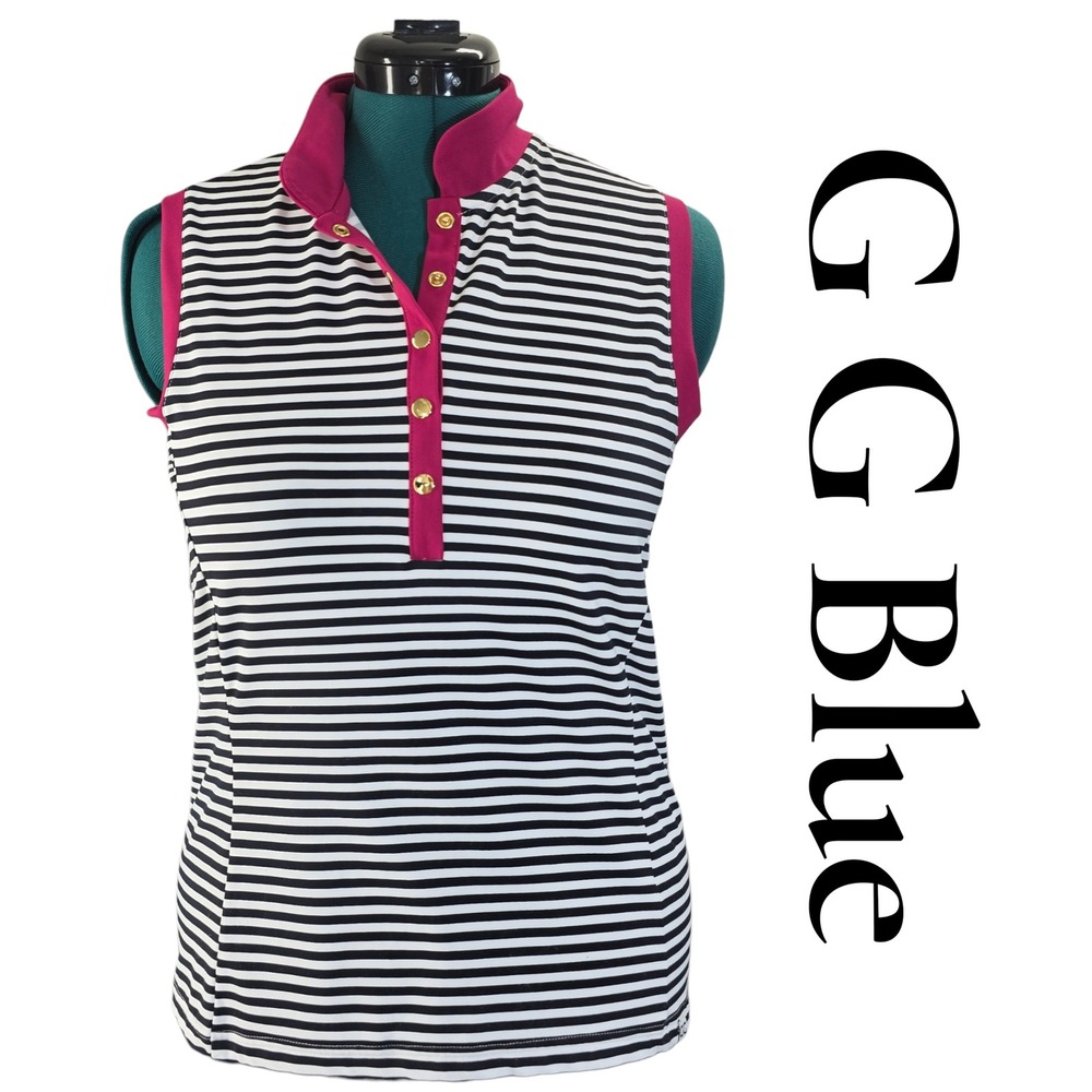 GG Blue our GG Polo Shirt Women L Black White Stripe Tactel Sleeveless Golf Top